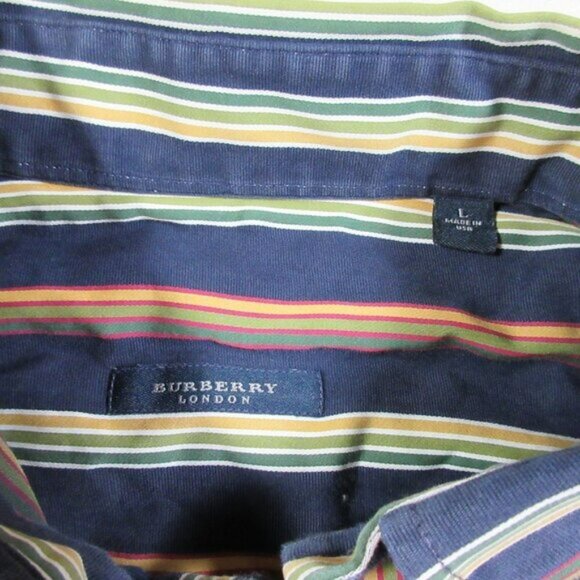 Burberry London mens navy green red beige white striped button front L USA - Picture 3 of 4